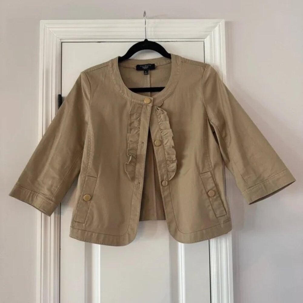 Talbots Khaki Ruffle Jacket Cotton Stretch Blazer Size 6P Petite Fall Layering